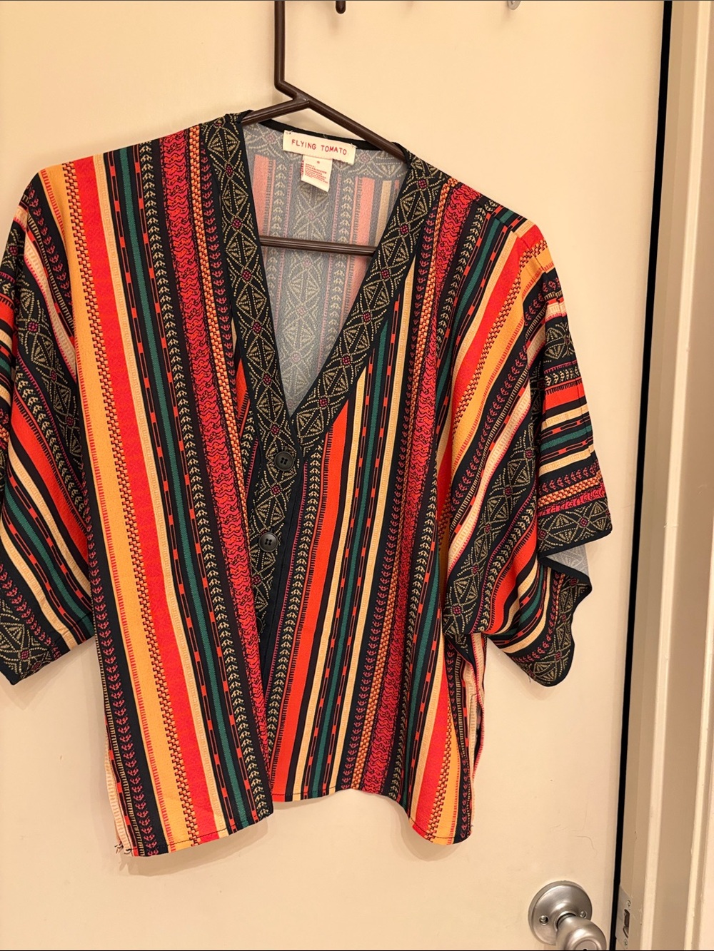 Flying Tomato Striped V-Neck Button Crop Top in Red, Orange, Teal & Black